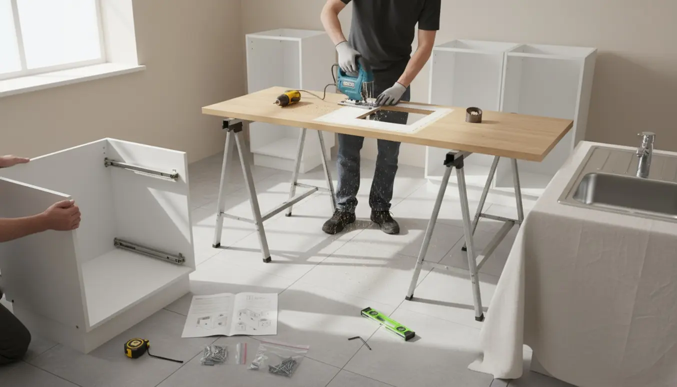 Opstilling af bryggers med fladpakkede skabe og bordplade, hvor der saves hul til vask, omgivet af værktøj.