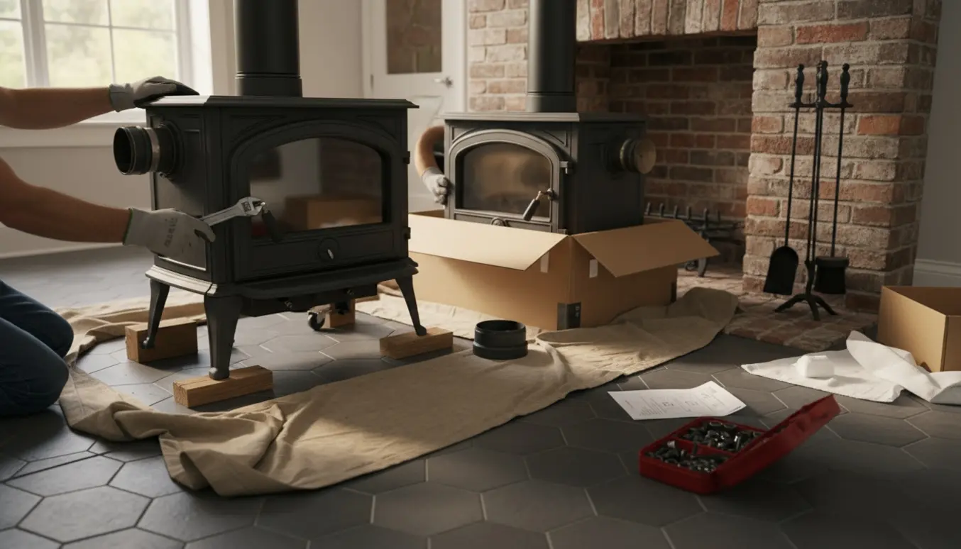 Udskiftning af brændeovn i en stue med hands-on værktøj og en ny ovn klar ved siden af.