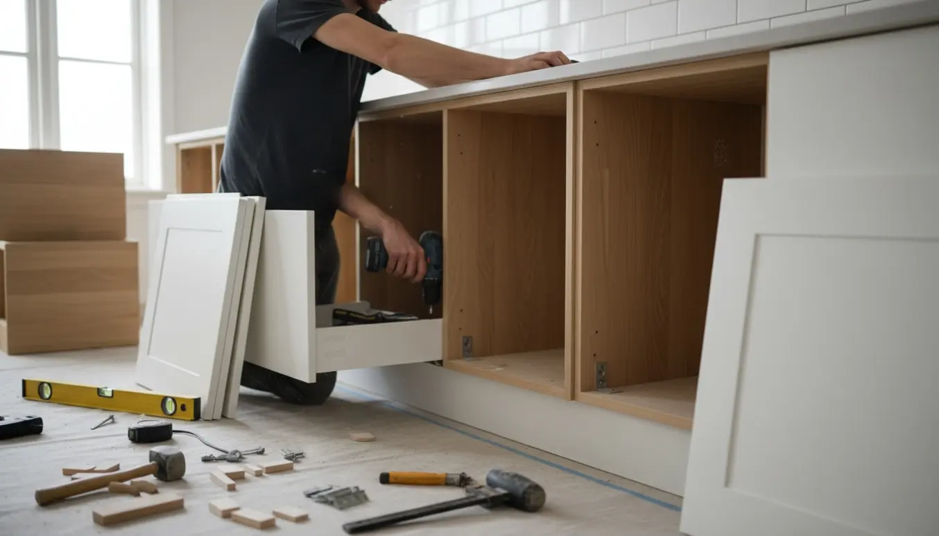 Installatør monterer skabselementer og sokkel i et lyst skandinavisk køkken.