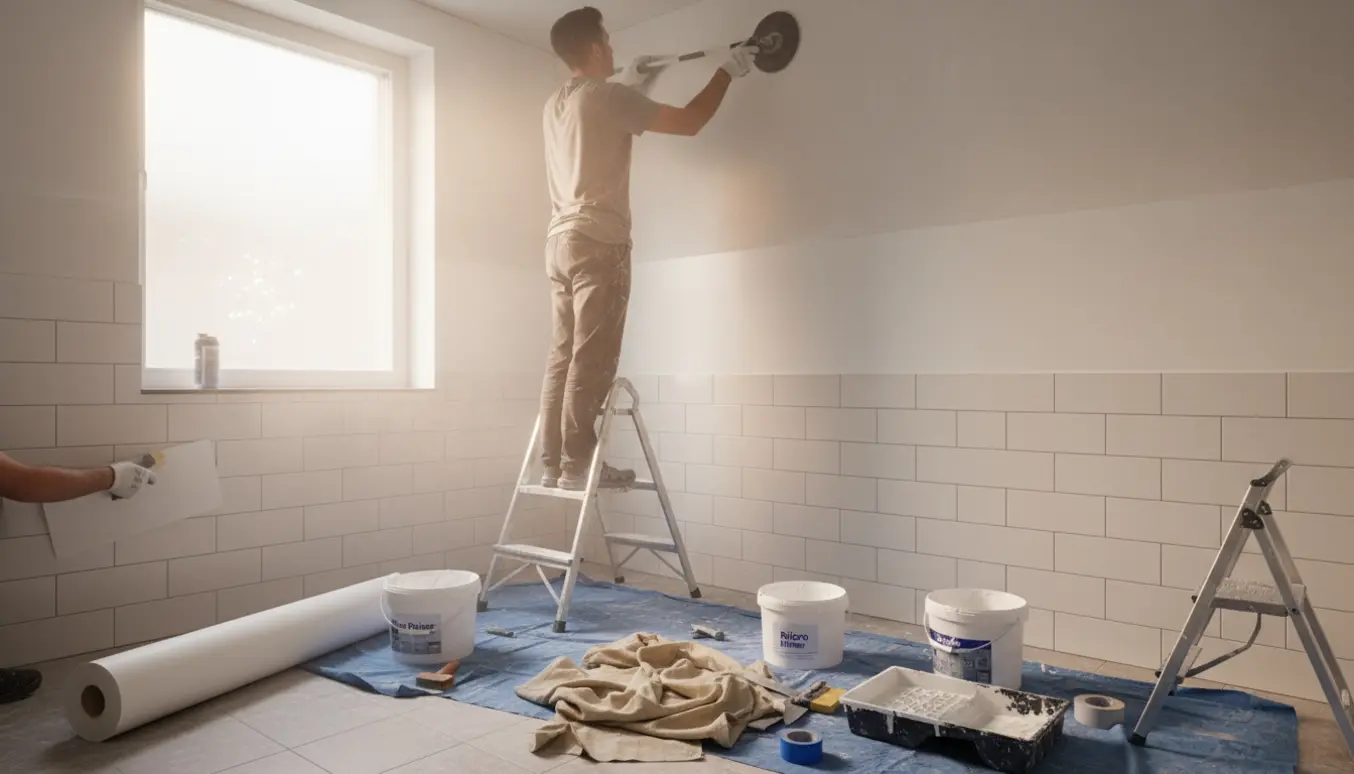 Lille badeværelse under renovering med håndværker der sliber loftet, opsætter filt og forbereder maling.