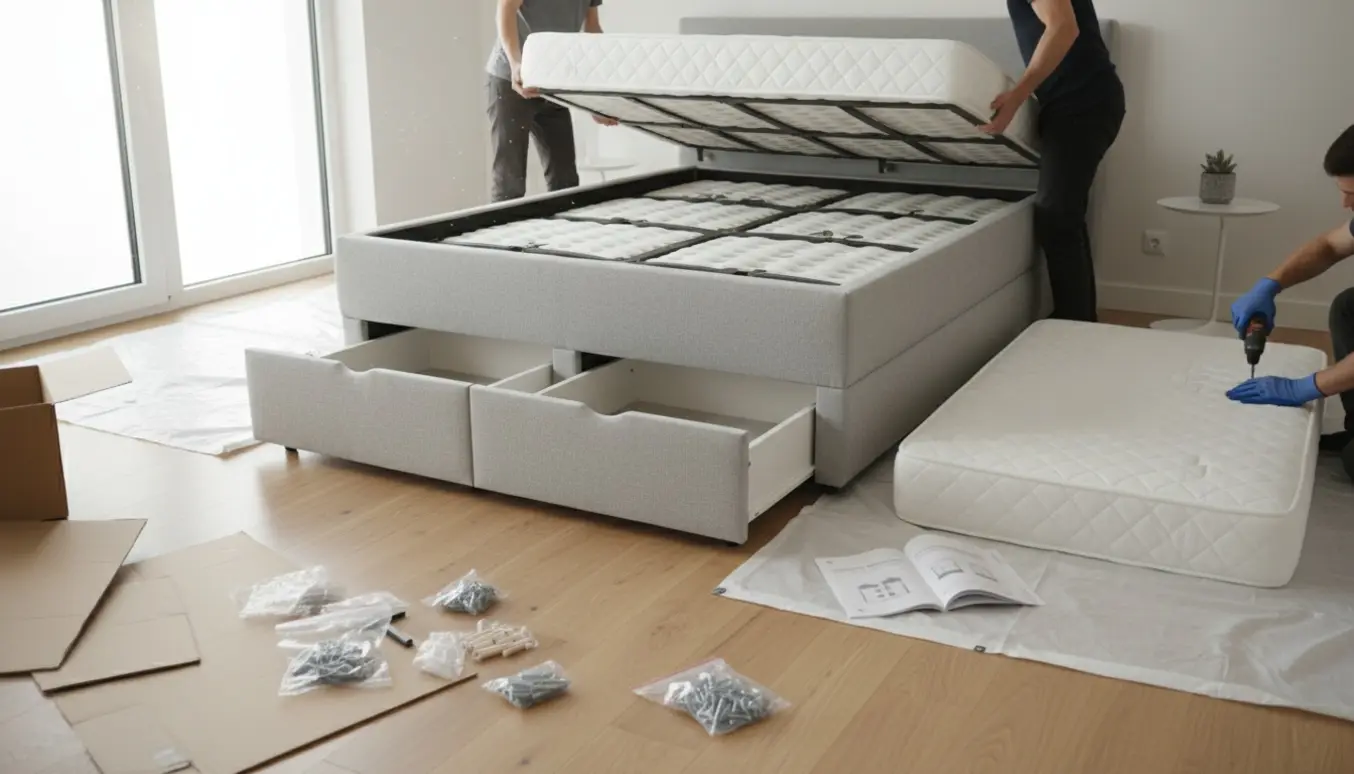 To personer i et lyst soveværelse samler en kontinentalseng med opbevaringsbund og topmadras, kun hænder og overkroppe synlige.