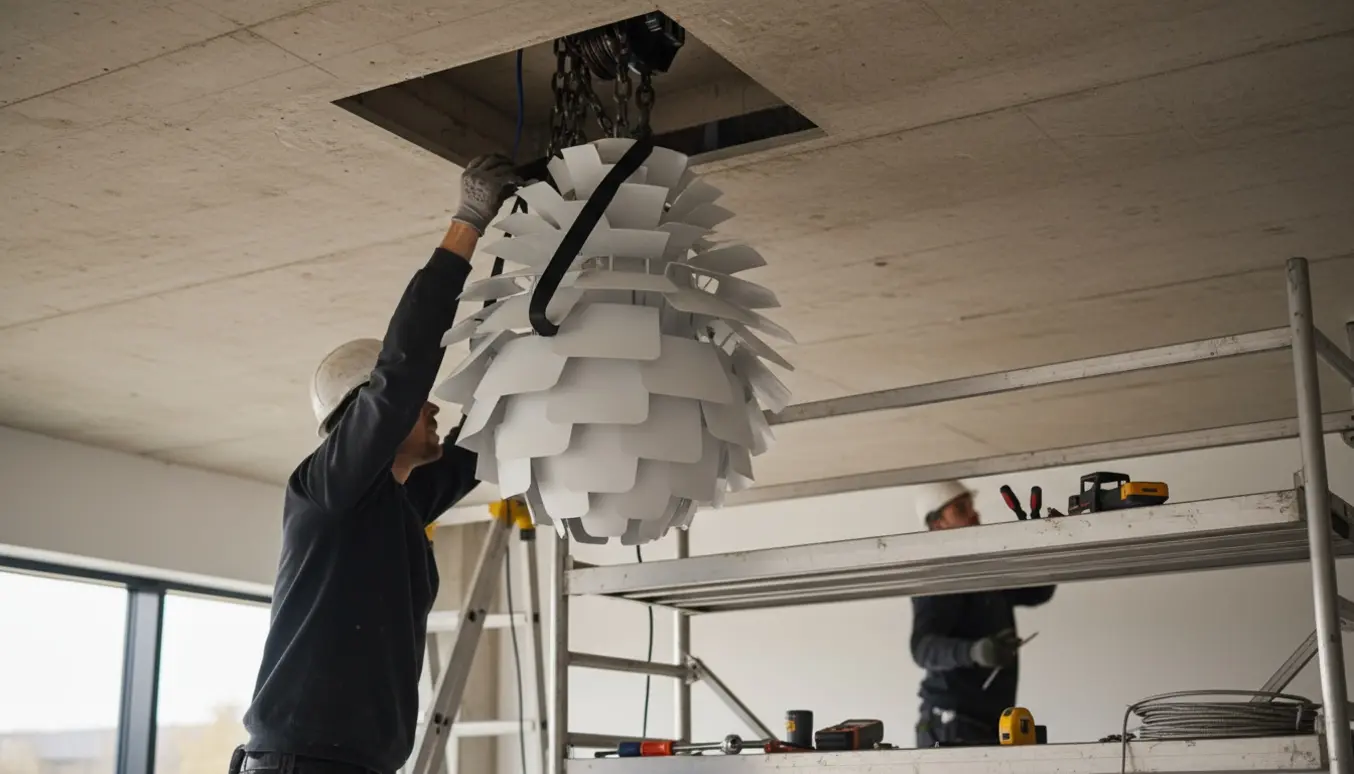 PH Kogle bliver hejst og monteret gennem et akustikloft under en betonoverflade med stillads og værktøj i forgrunden.