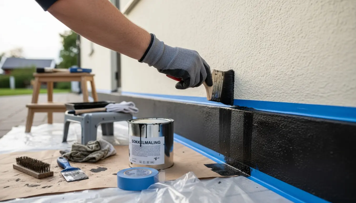 Hænder i handsker maler husets sokkel sort langs en præcis taped kant med afdækning af fliserne.