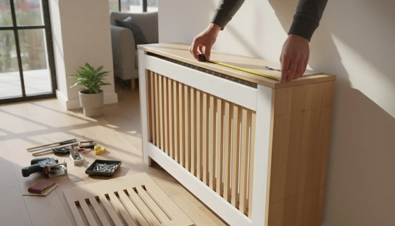 Hænder måler og tilpasser en speciallavet radiatorskjuler i et lyst stuehjørne.