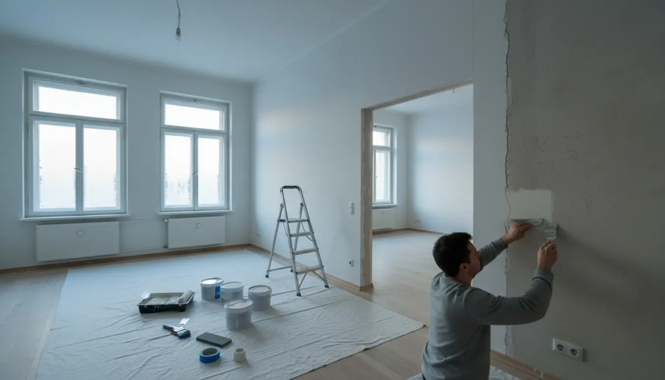 Hænder reparerer en revne og maler i en tom lejlighed med højt til loftet og malerbøtter på dækkende presenninger.