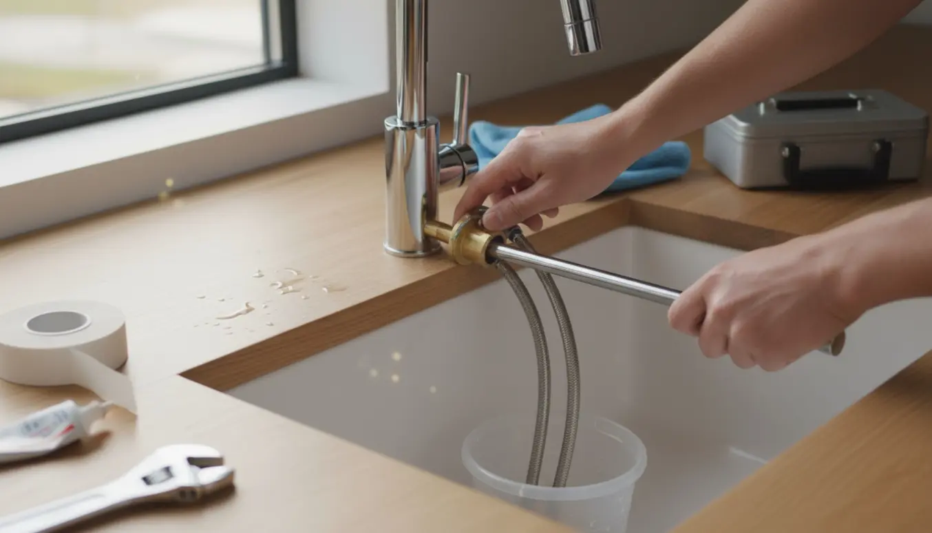 Nærbillede af hænder, der udskifter et kromarmatur ved en lys køkkenvask med værktøj og åben underskab.