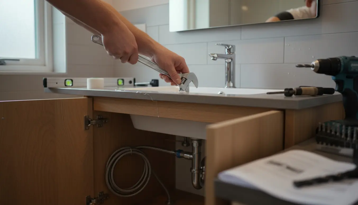 Installering af ny håndvask med underskab i lyst badeværelse, fokus på hænder og værktøj.