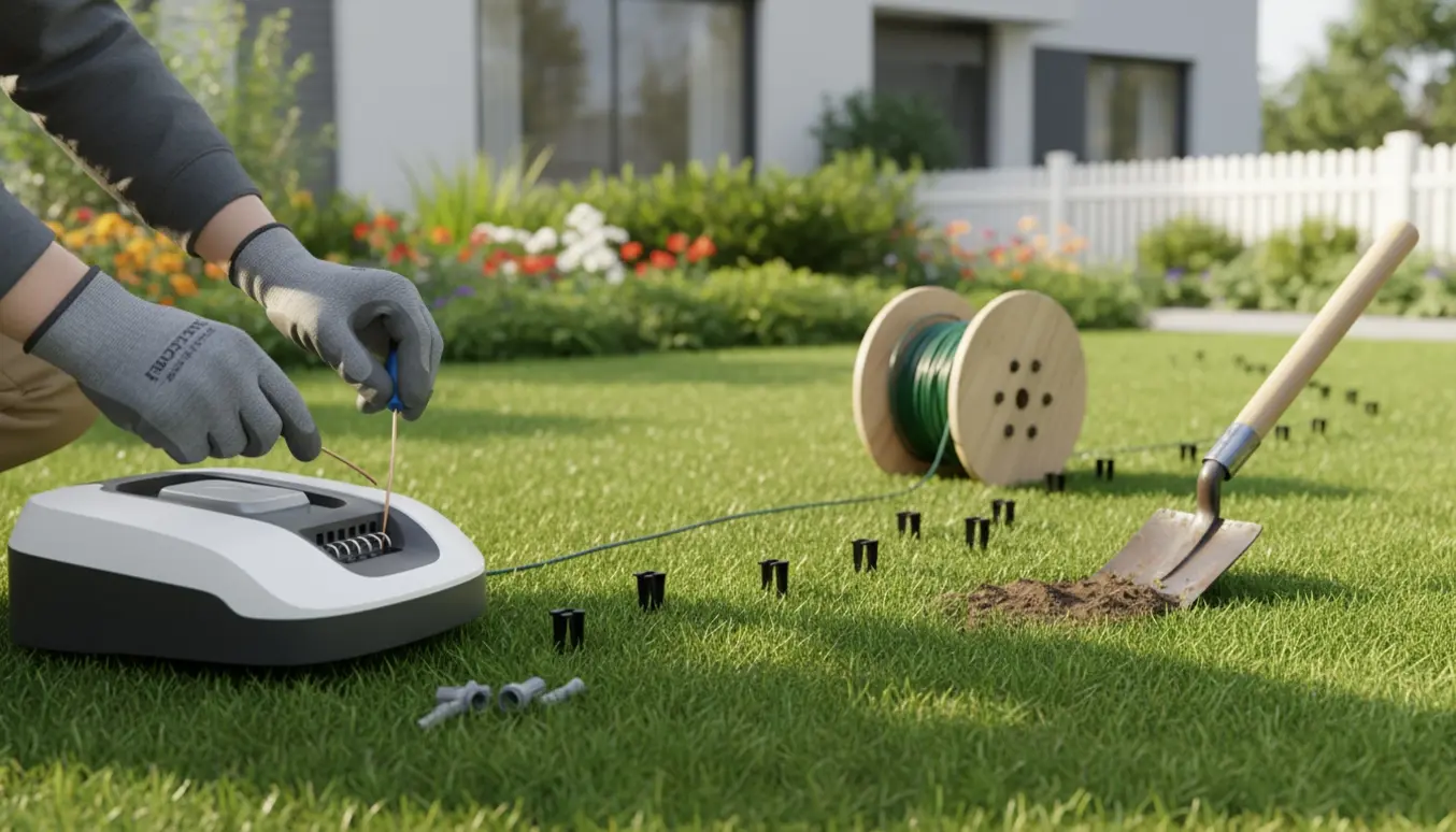 Hænder fastgør perimeterkabel og tilslutter en robotplæneklipper ved ladestationen i en lille forhave.