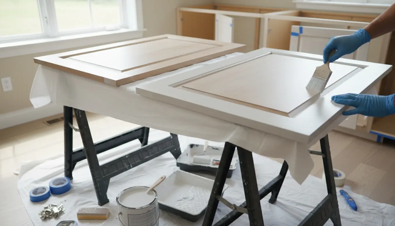 Køkkenlåger bliver malet hvide med pensel og rulle i et lyst køkken.