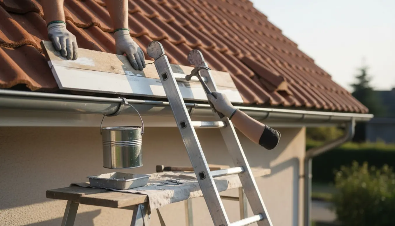 Nærbillede af en lang stige mod en ejendom, hvor et lille bræt fastnås og sternen males hvid.