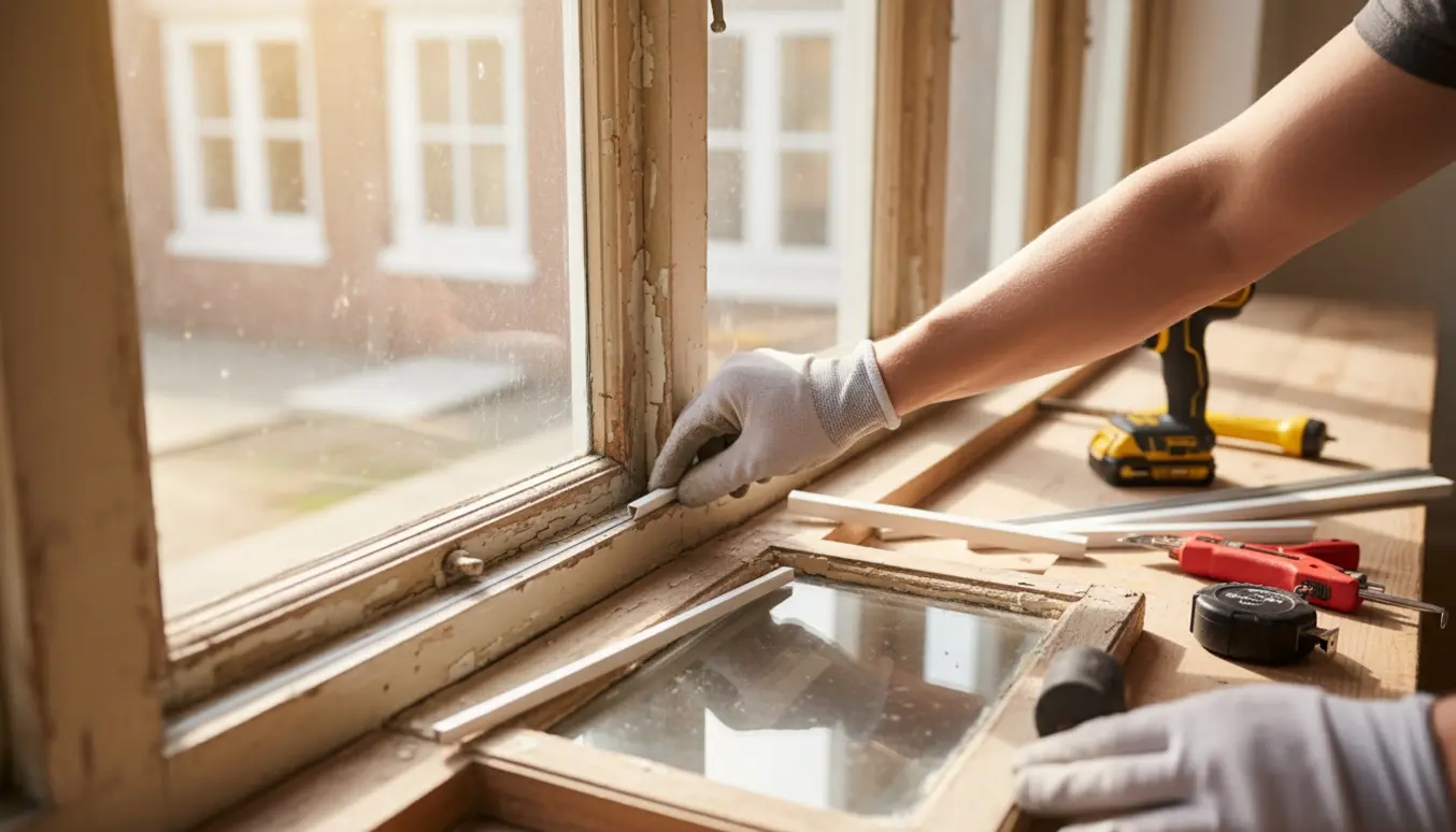 Nærbillede af hænder, der monterer nye aluminiumsglaslister i et gammelt trævindue med værktøj på vindueskarmen.