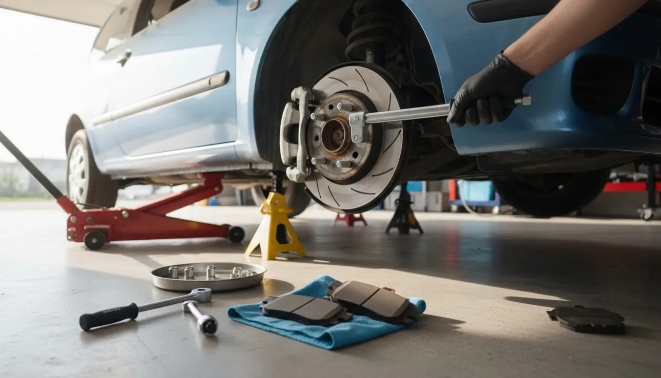 Frontbremse på en lille hatchback med hjul fjernet, nyt bremseklods og værktøj på garagegulvet.