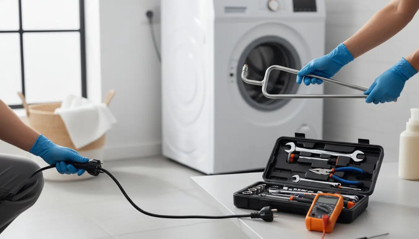 Tekniker med handsker udskifter varmelegeme i en vaskemaskine i et lyst bryggers.