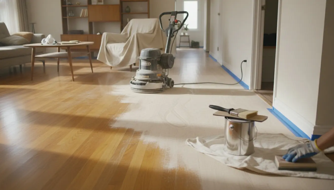 Partielt slebet trægulv i stue med slibemaskine, lakdåse og rulle klar til mat lak.