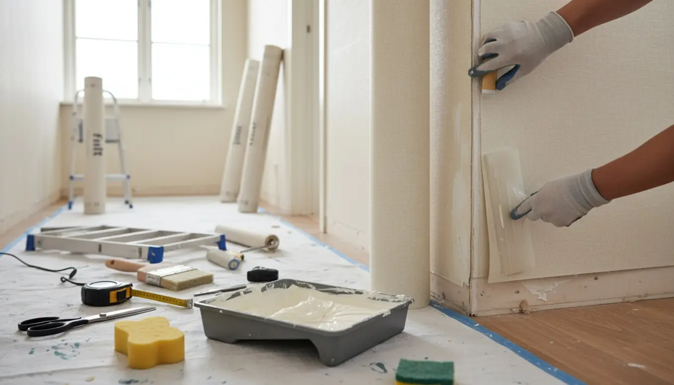 Hænder glatter filt-søm på en væg i et lille rum med filt, lim og værktøj på afdækningsplast.