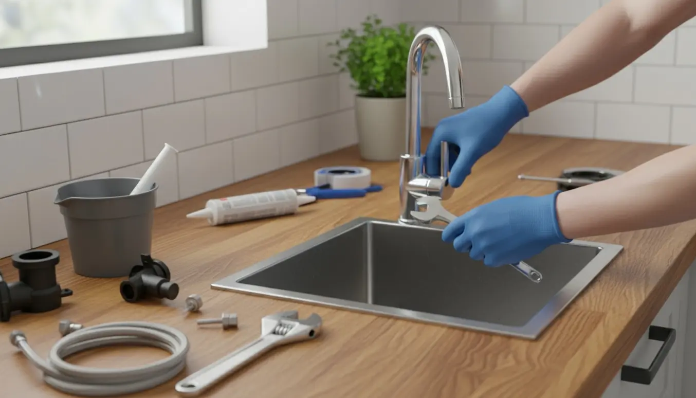 Installering af en ny rustfri køkkenvask og et krom blandingsbatteri med værktøj på en træbordplade.