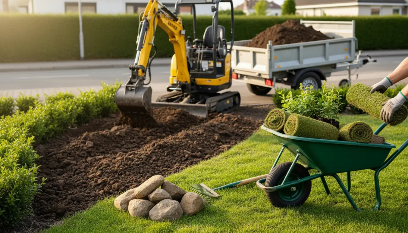 Mini gravemaskine og haveredskaber ved et lille vejstykke, hvor jord er grubbet klar til ny hæk og græs.