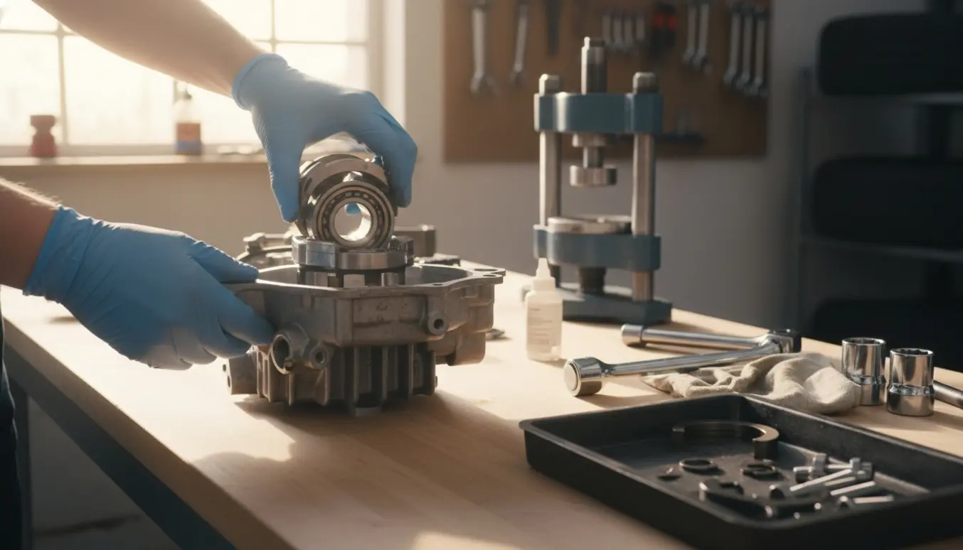 Handskerede hænder sætter krumtap og nyt krumtapleje i en 50cc scootermotor på et sollys arbejdsbord i et værksted.