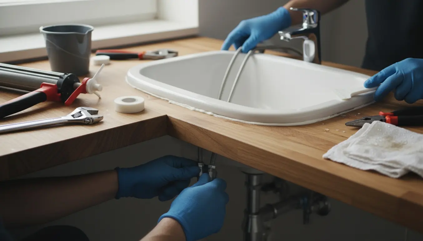 Nærbillede af udskiftning af håndvask med ny fuge, afmonteret vandhane og værktøj på bordpladen.