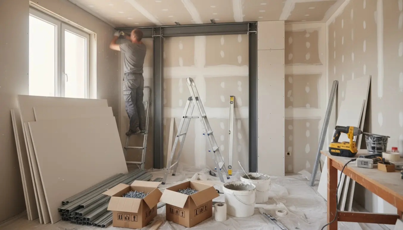 Delvist monteret gipsloft i et lille rum med en jernbjælke indpakket i gips og værktøj i forgrunden.