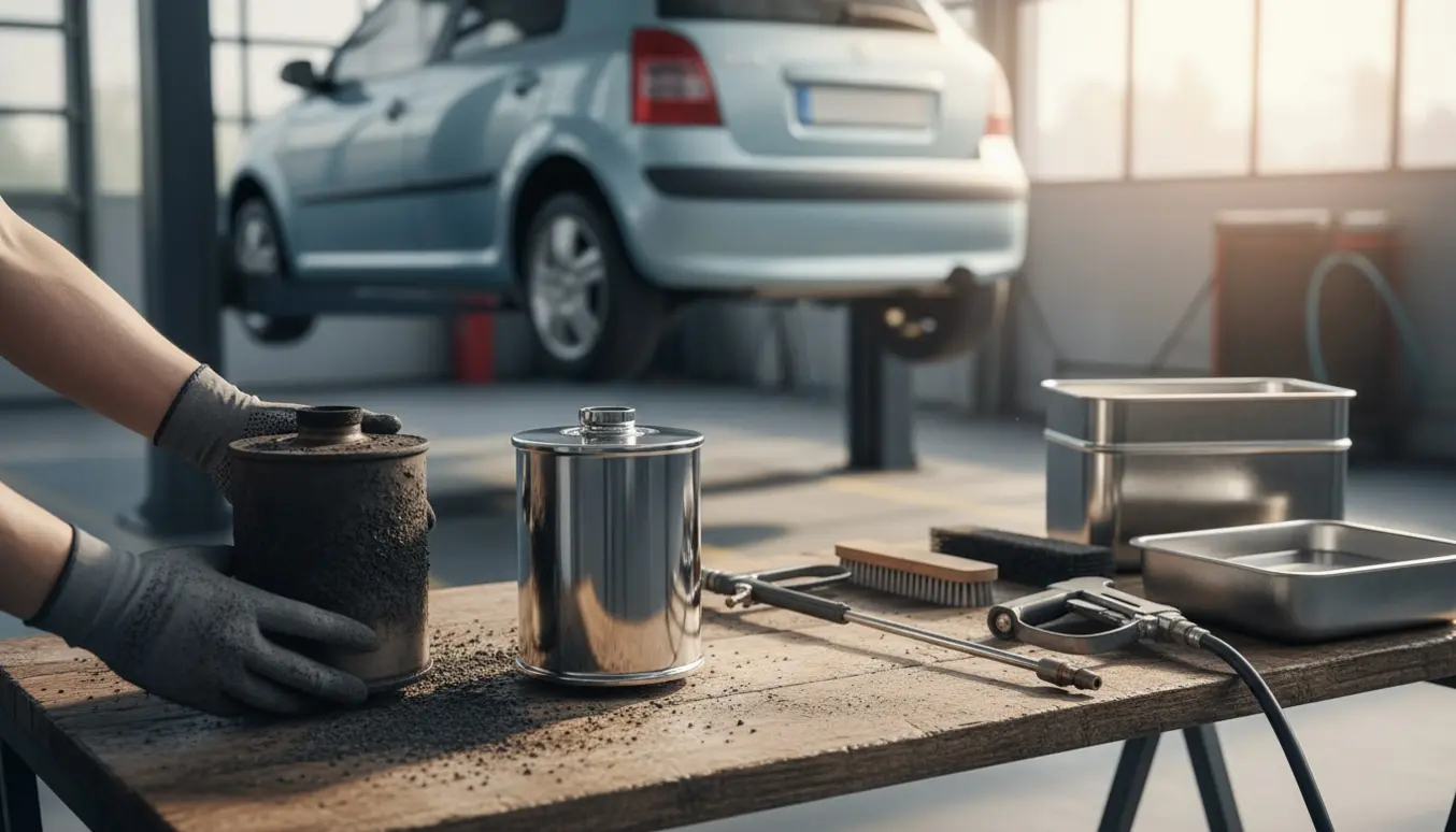 Hænder holder et sodet partikelfilter ved siden af et nyrenset filter på et lyst værksted.