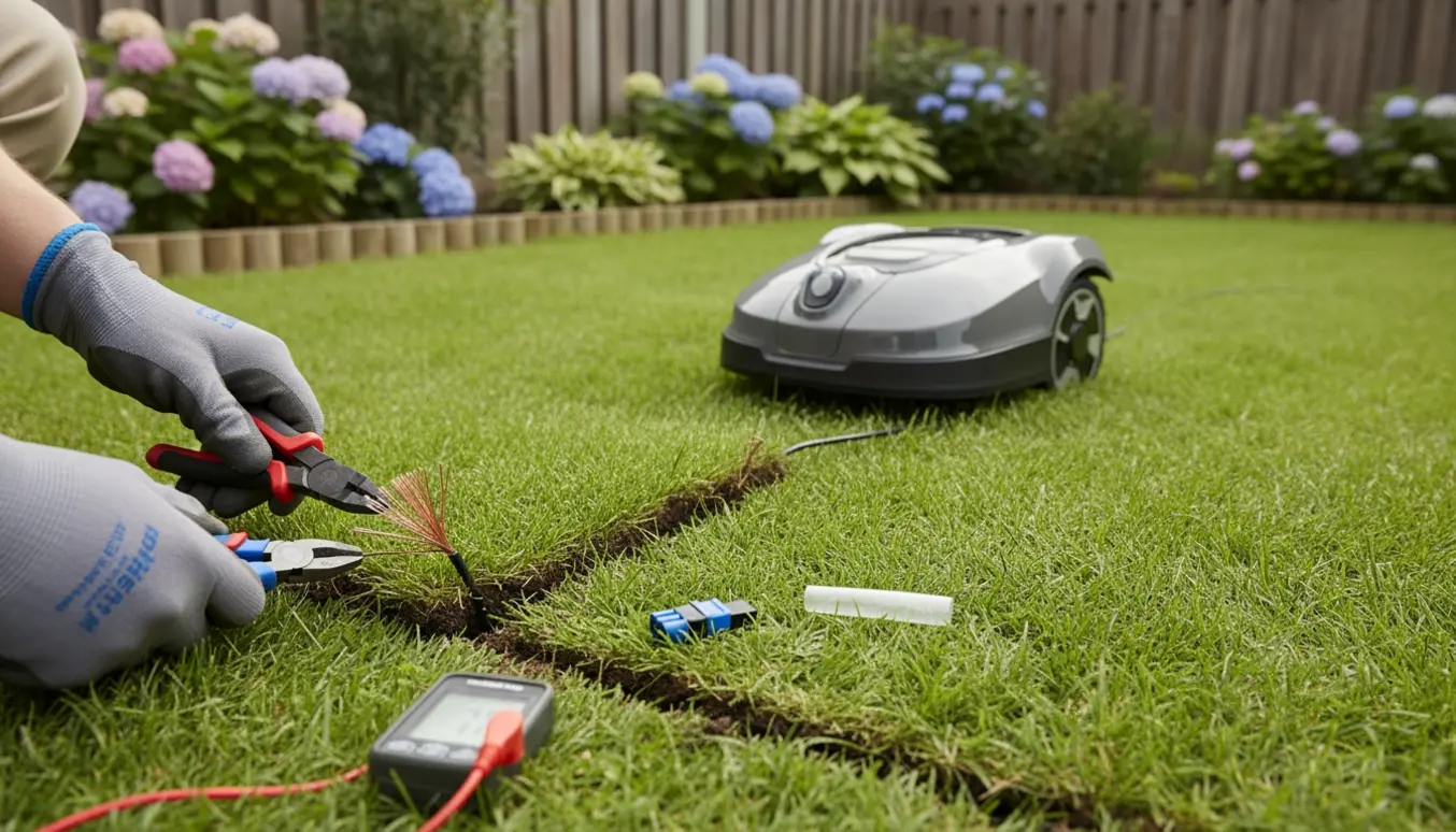 Handsker og værktøj reparerer et afbrudt afgrænsningskabel til en robotplæneklipper i en solrig have.