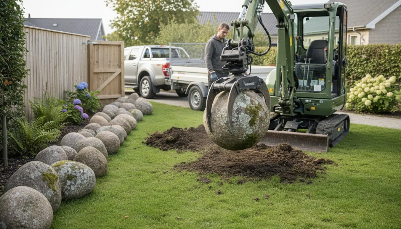 Mini-graver løfter større sten fra en have gennem en 2 meter bred åbning, klar til transport til genbrugspladsen.