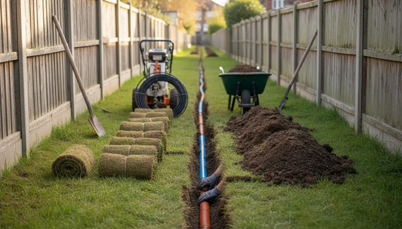 Lang, smal rende mellem træhegn med vandrør og el-kabel klar til nedgravning.