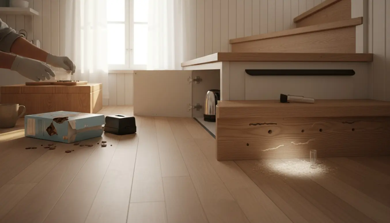 Sommerhusets køkken med spildte krummer og tyggegnav fra mus samt trappe med borebillefræs og små huller.