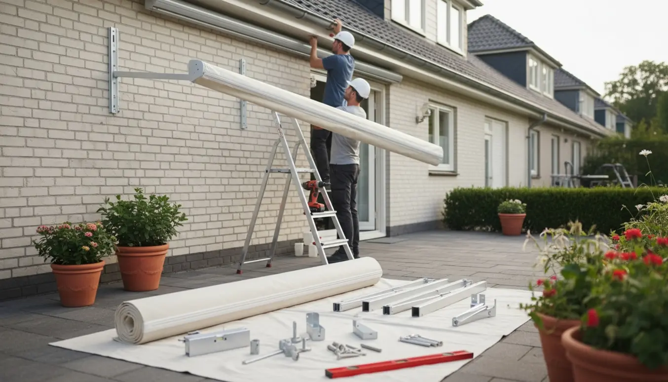 To personer monterer en 4,5 m markise på facaden af et etplans rækkehus med værktøj og monteringsdele i forgrunden.