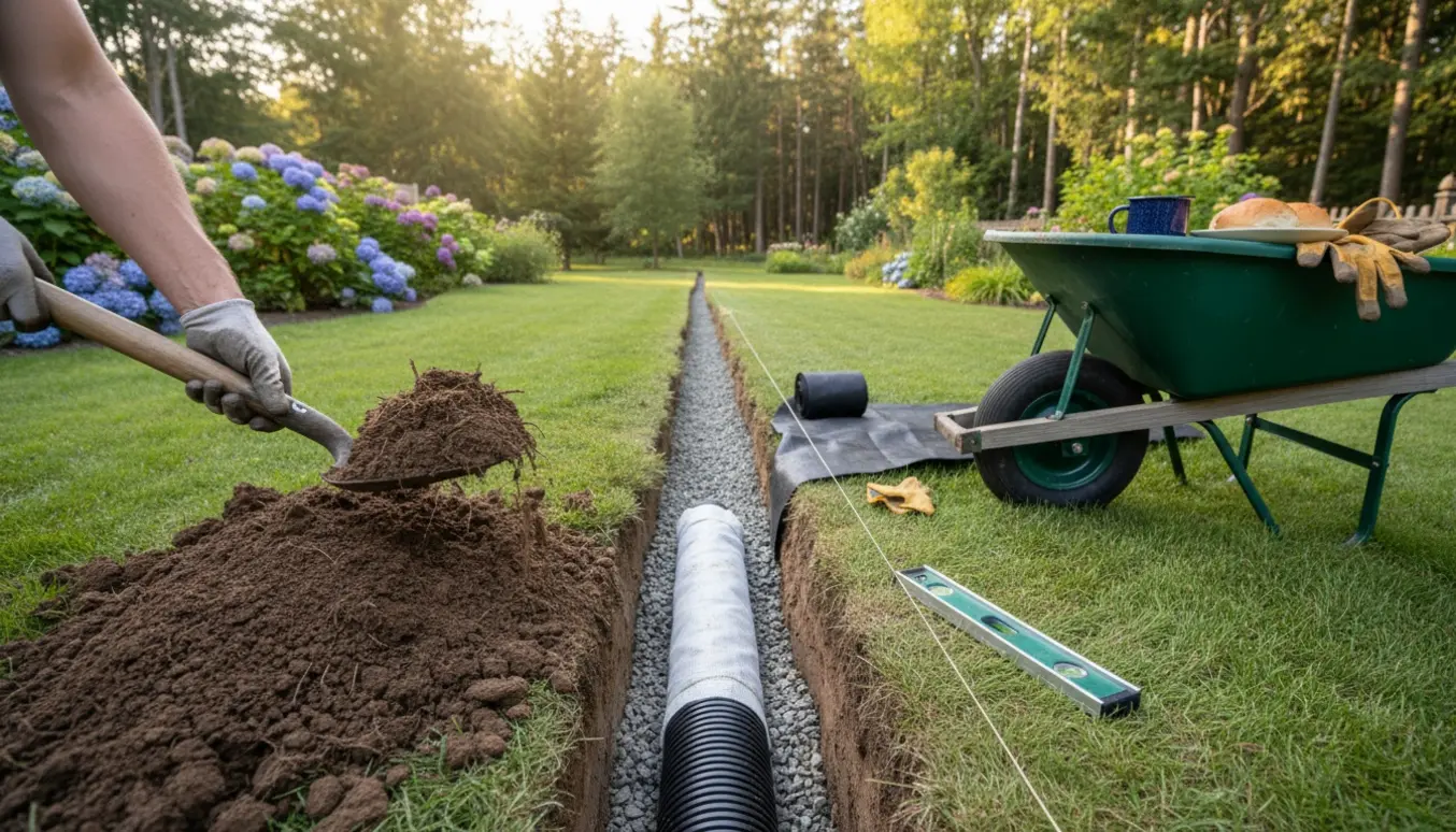 Grøft med drænrør og grus i en have, med skov i baggrunden og værktøj i forgrunden.