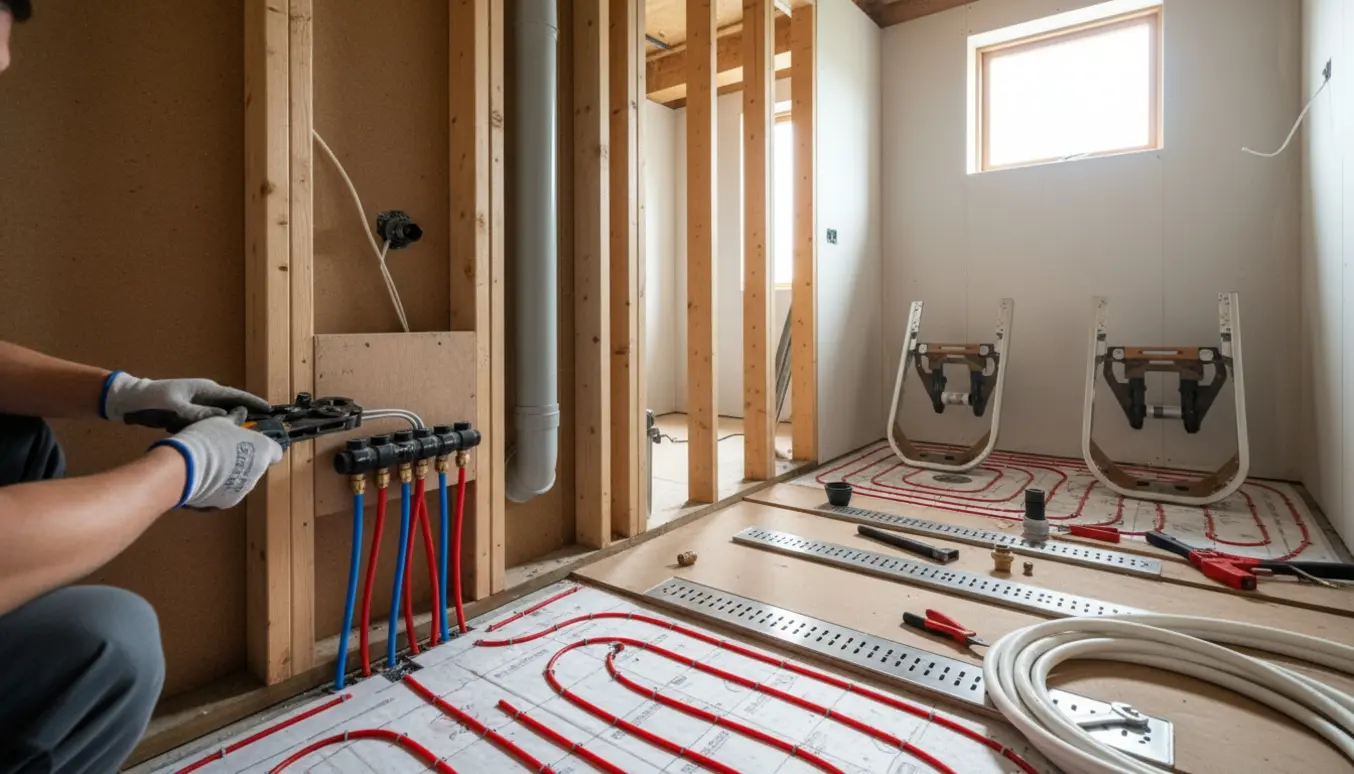 Renoveret badeværelse med nye plastik faldstamme, røde og blå vandrør, toiletrammer og gulvafløb under montering.