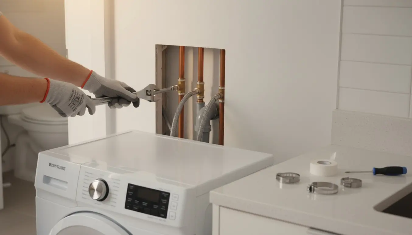 Gloves-forbundne hænder forbinder vaskemaskinens vandtilførsel og afløb gennem et hul i væggen med synlige rør og fittings.