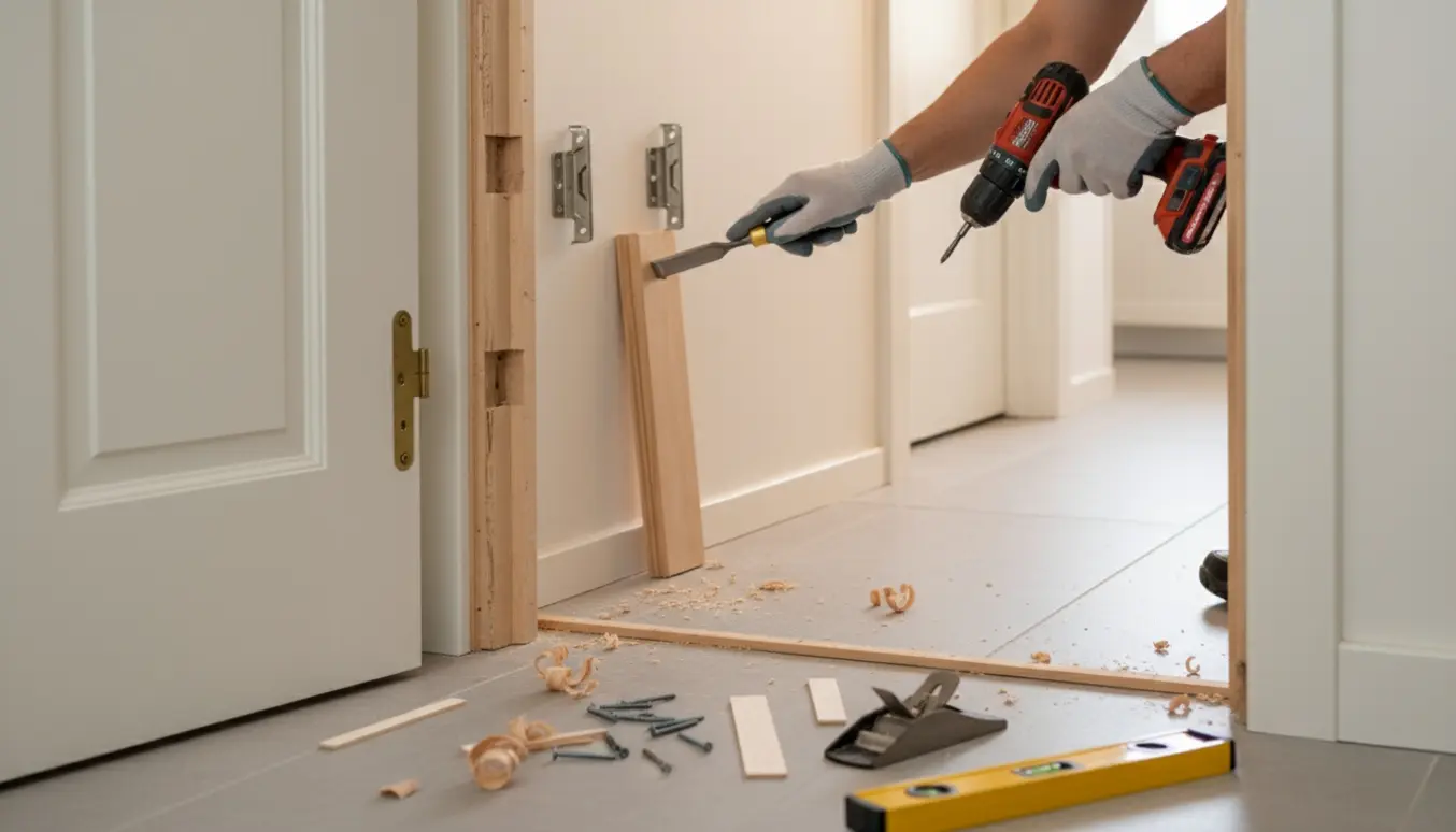 Delvist afmonteret dør til et lille kammer under ombygning, med værktøj og ny karm klar til montering.