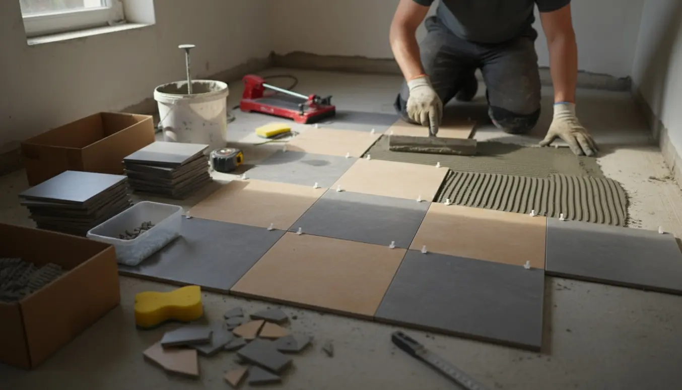 Lægning af 15x15 cm tofarvede klinker i et lille rum uden sokkel.