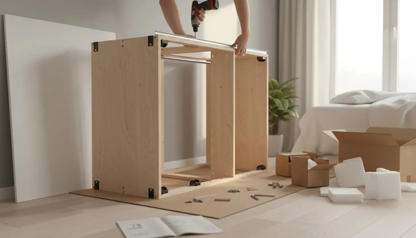 Delvist samlet fladtpakket garderobeskab med skydelåger og hænder, der monterer toprail i et lyst værelse.