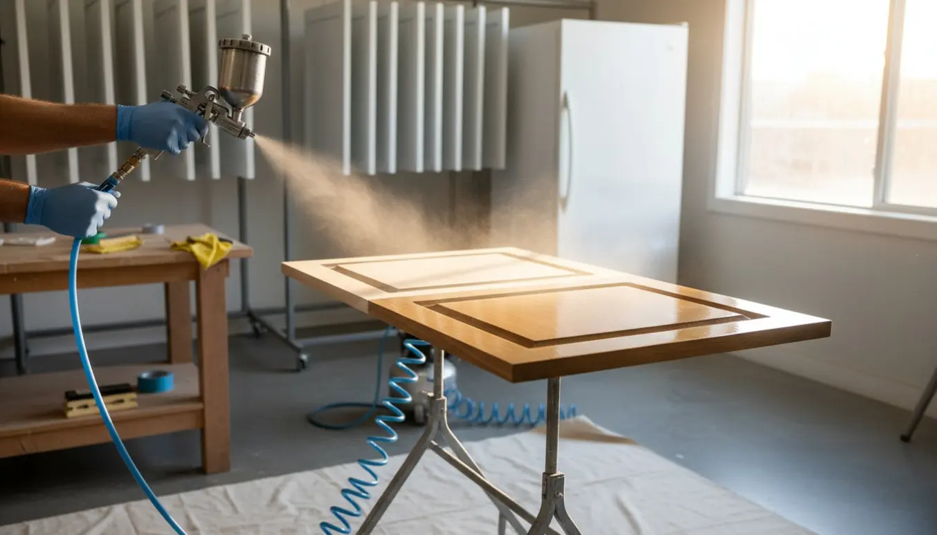 Nysprøjtet køkkenlåge på stativ med sprøjtepistol i et soloplyst værksted og rækker af hængende låger i baggrunden.