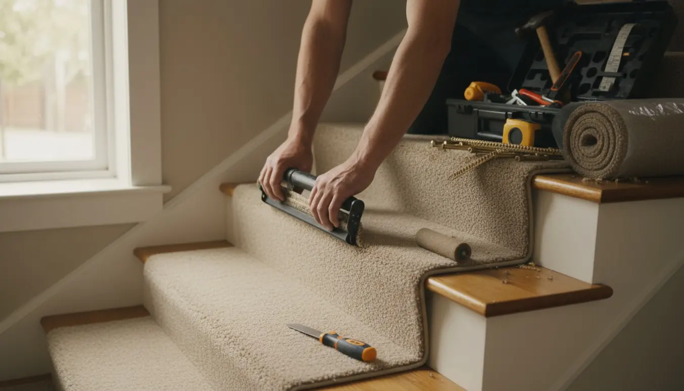 Trappe under tæppeinstallation med hænder, værktøj og delvist lagt løber i naturligt dagslys.