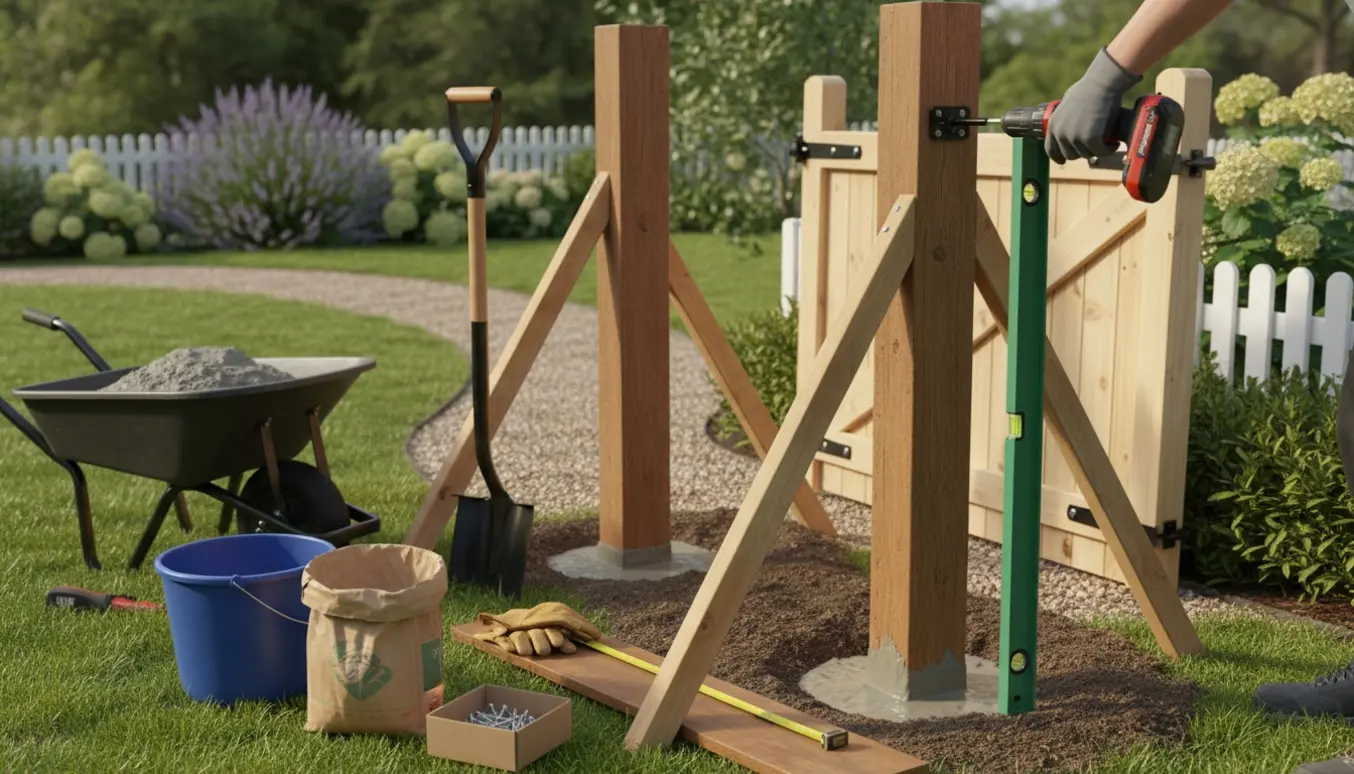 Havelåge og stolper monteres med nedgravning og frisk støbning, værktøj og materialer på plads.