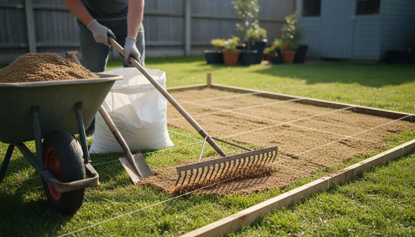 Hænder i handsker spreder topdressing på en lille, ujævn græsplæne med skovl og rive.