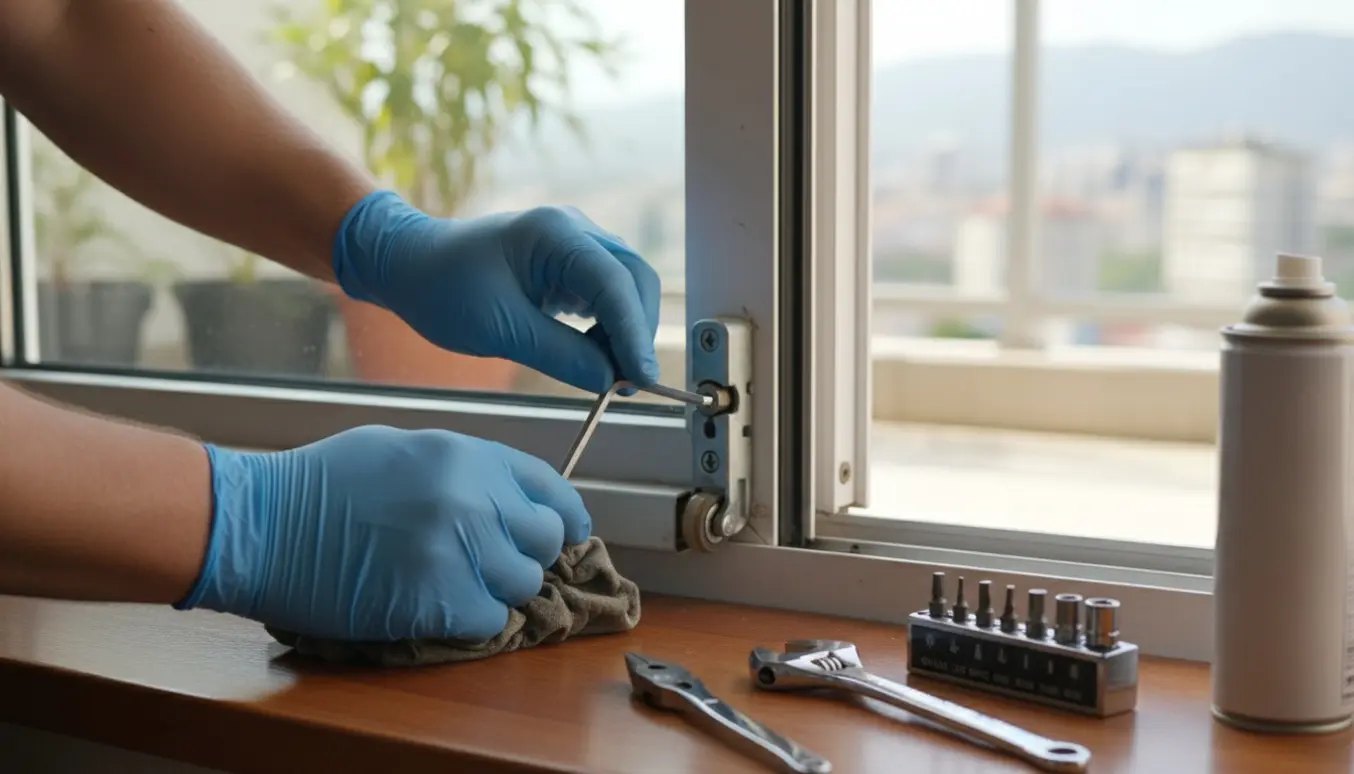 Nærbillede af hænder, der reparerer en hæveskydedør ved bundskinnen med værktøj.