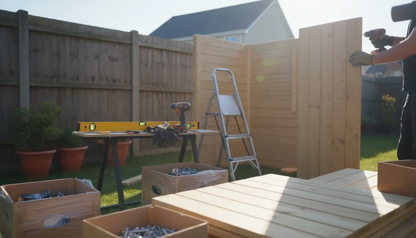 Delvist opført træskur i baghaven med præfabrikerede træpaneler og hænder, der skrue fast en plade.