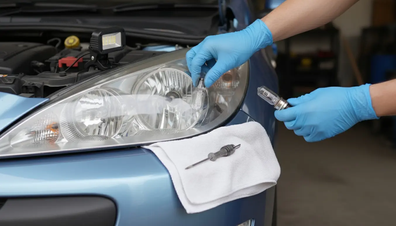 Nærbillede af hænder, der skifter forlygtepære på en Peugeot 308 med intakt forlygte.