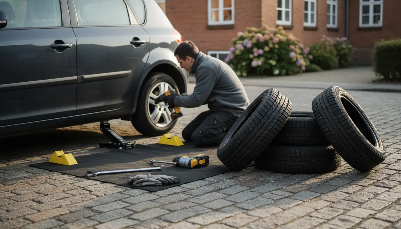 Mekaniker skifter fire dæk fra sommer- til vinterdæk ved en bil på en stille boliggade i Holbæk.