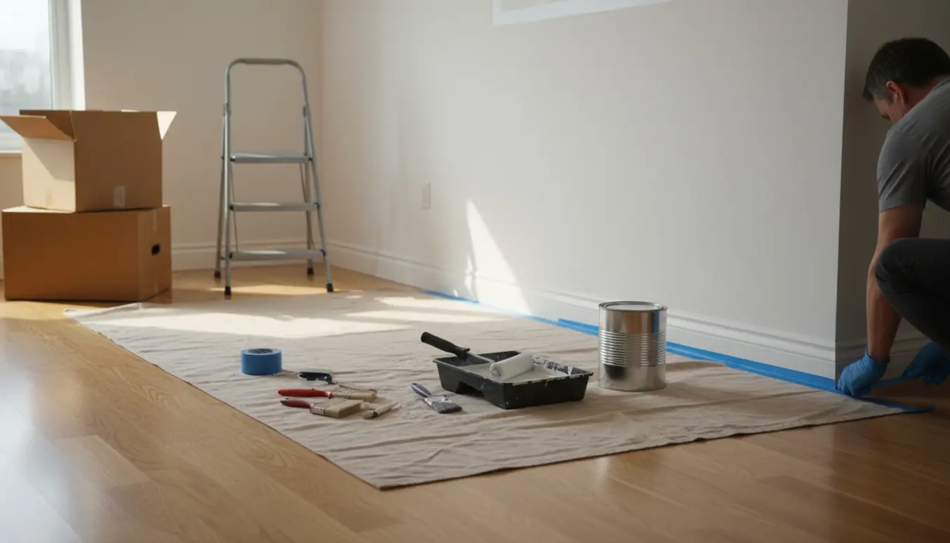 Et tomt rum med nymalede hvide vægge, malerværktøj på afdækningsdug og malertape langs kanterne.