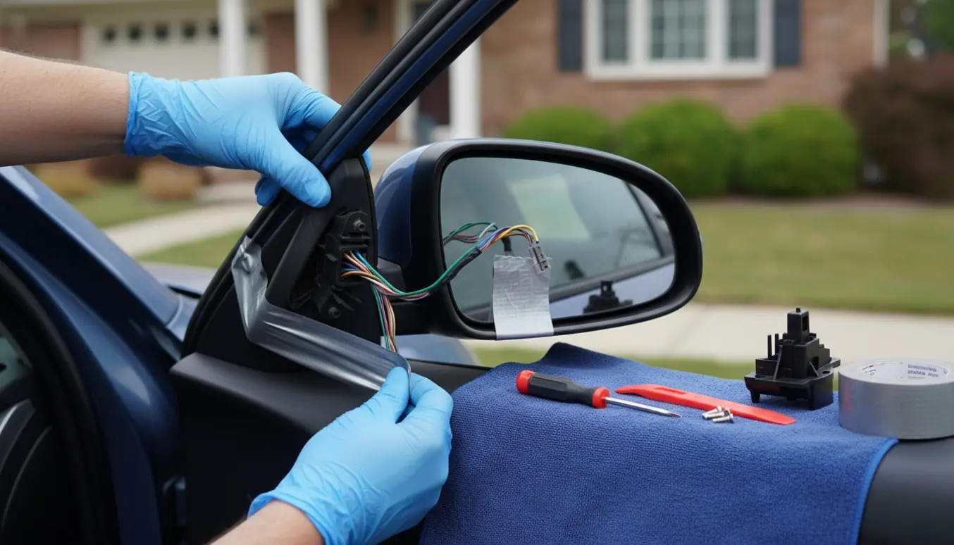 Nærbillede af et knækket bilsidespejl holdt på plads med gaffatape og værktøj ved siden af.
