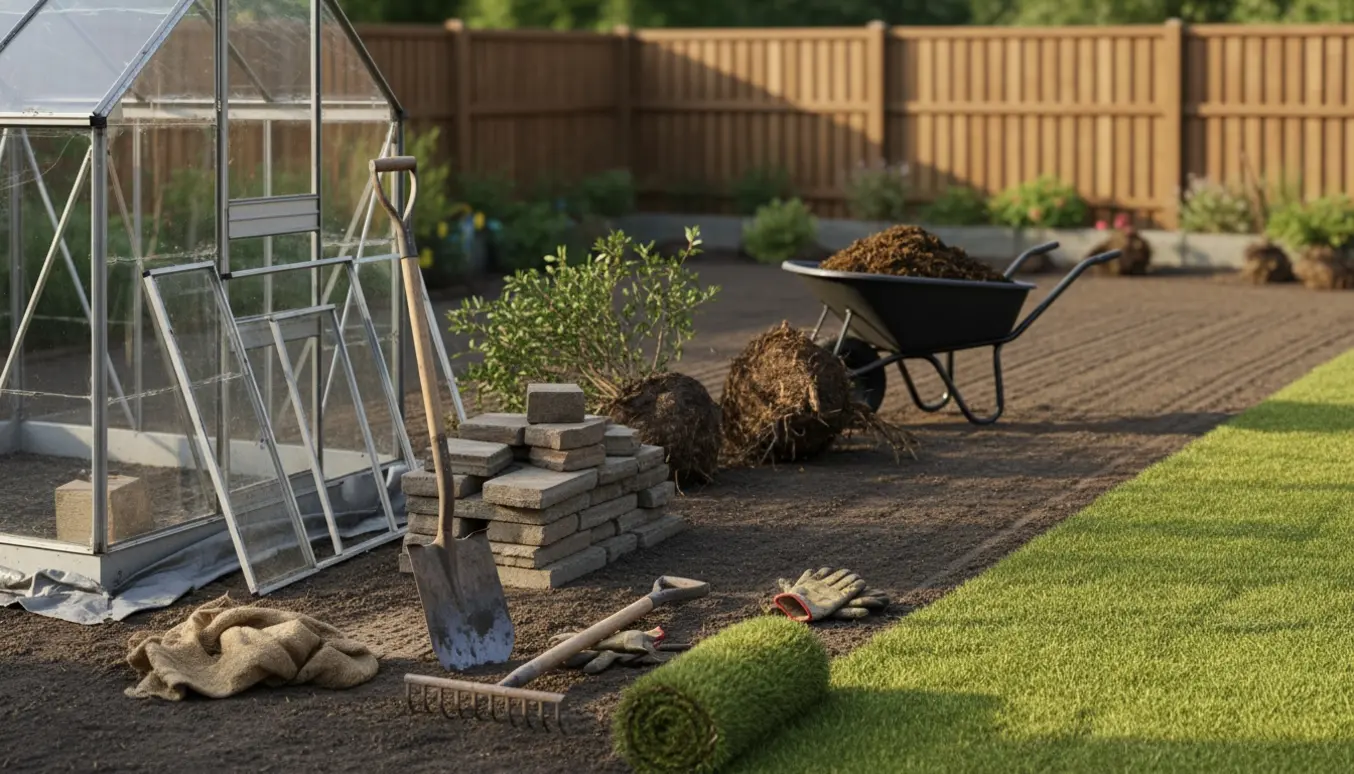 Rydning af et havelhjørne med delvist demonteret drivhus, stakke brosten, fjernede buske og nyanlagt græsplæne.