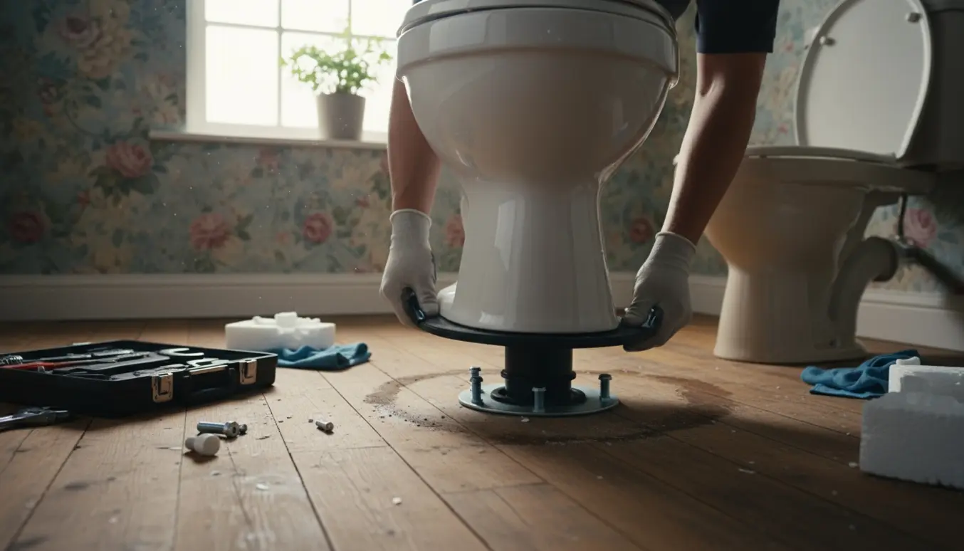 Håndværker monterer nyt toilet med s-lås på trægulv i et kolonihavehus.