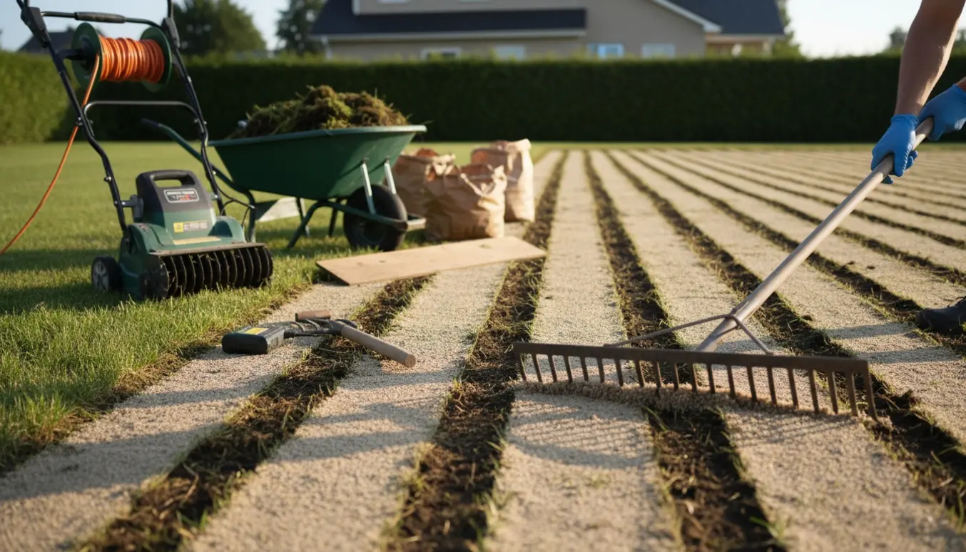 Nærfoto af udjævning af en nyvertikalskåret græsplæne med riven, vertikalskærer og bunker af mos.
