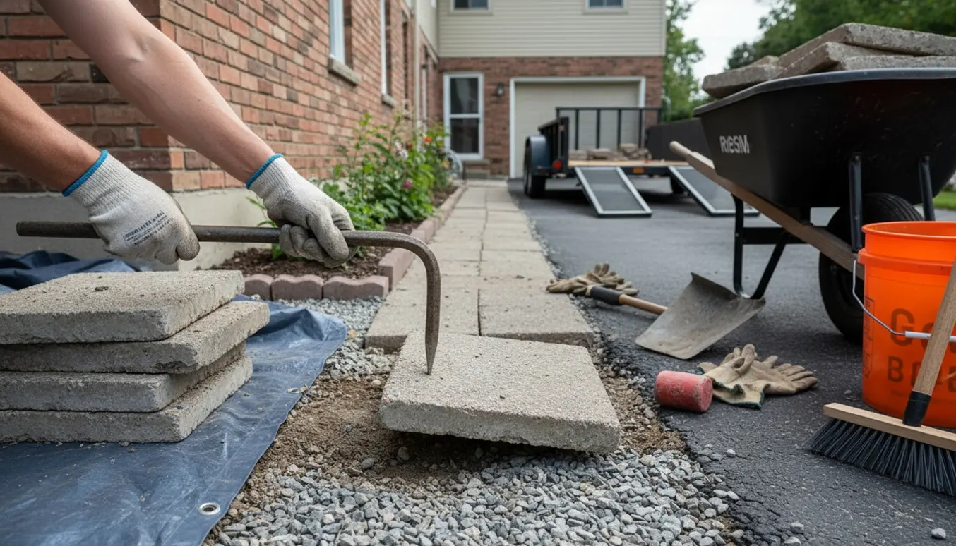 En person fjerner løse fliser langs huset, stabler dem ved siden af en trillebør og en trailer i indkørslen.